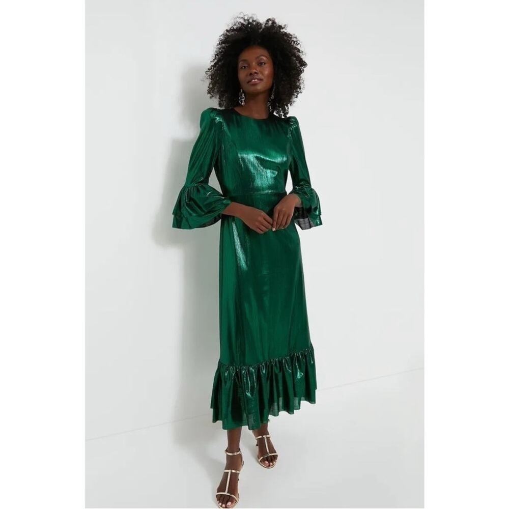 NWT Pomander Place Emerald Crinkle Lurex Midi Dress Size M Holiday Wedding Party